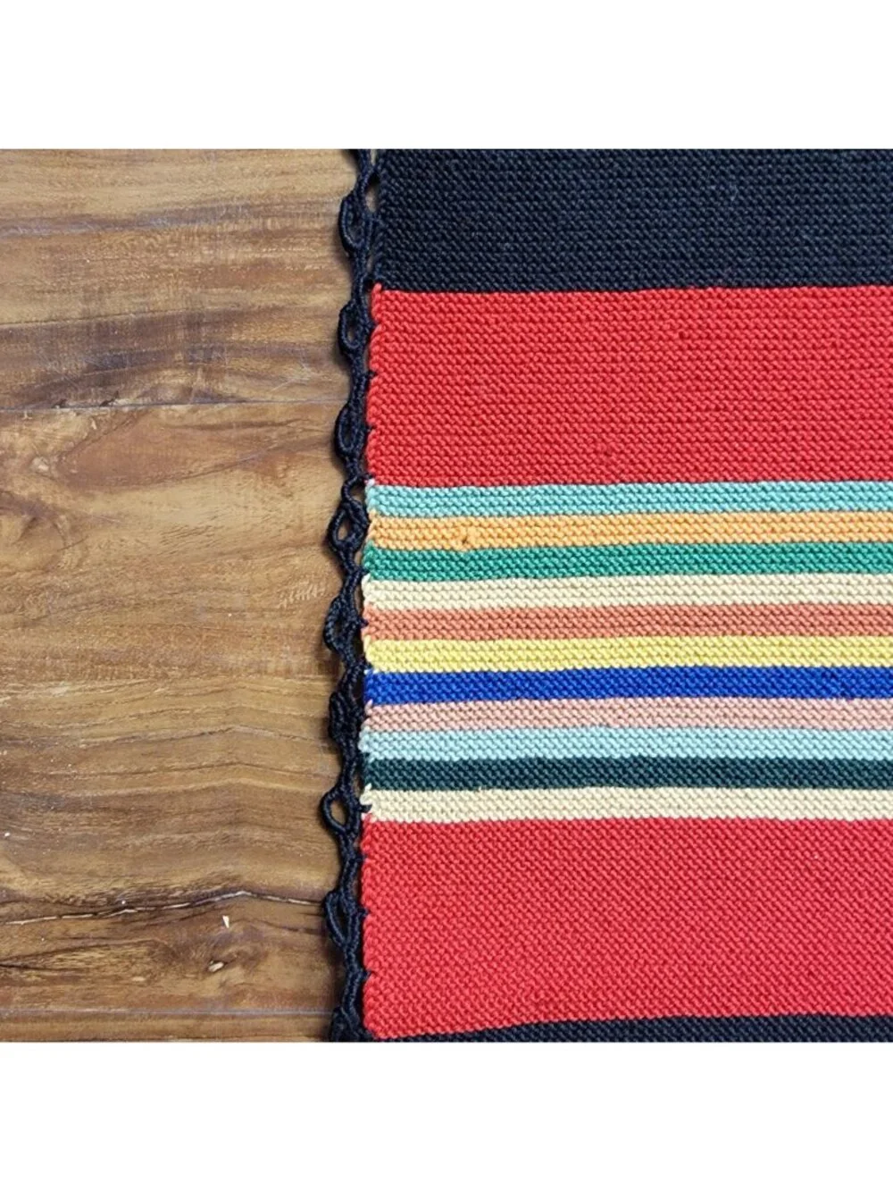 Vintage Mexican Woven Serape Blanket Multicolor Striped With Black Crochet Trim